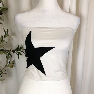 SHEIN White Strapless Tube Crop Top with Black Star Sz S (T5)